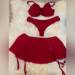 La Vie En Rose Red Rhinestone 3 Piece Lingerie Set